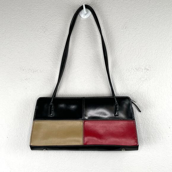 Colorblock Black Red Tan Faux Leather Shoulder Bag Handbag Purse Small - Picture 1 of 14